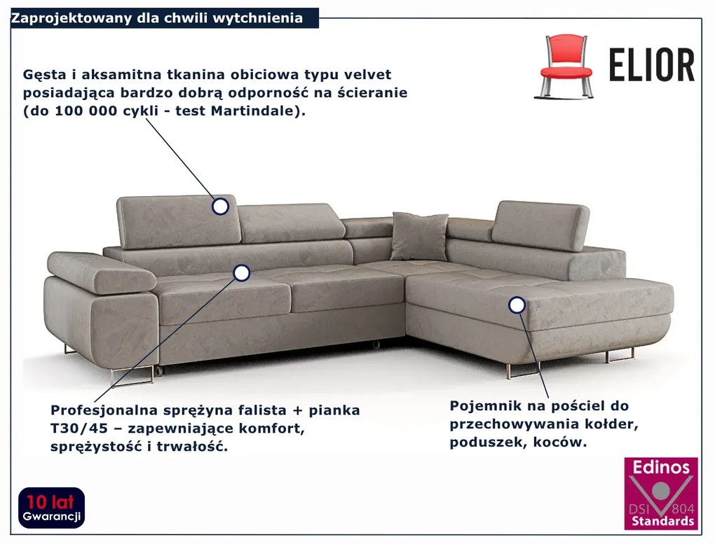 Szary welurowy narożnik z pojemnikiem C6-Z62