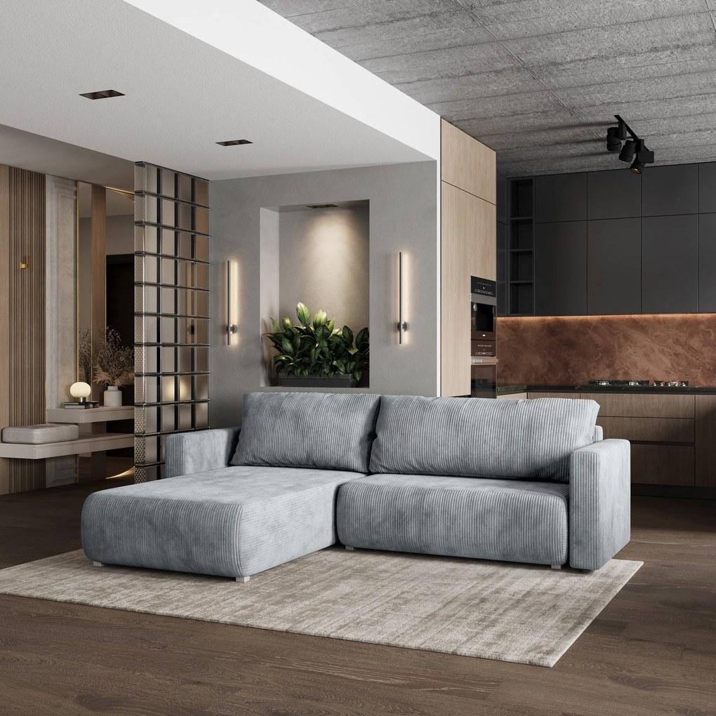 Masseno Narożnik TURIN z funkcją spania i pojemnikiem na pościel Narozniki L, Rozkładana sofa - Jasnoszary, POSO 55