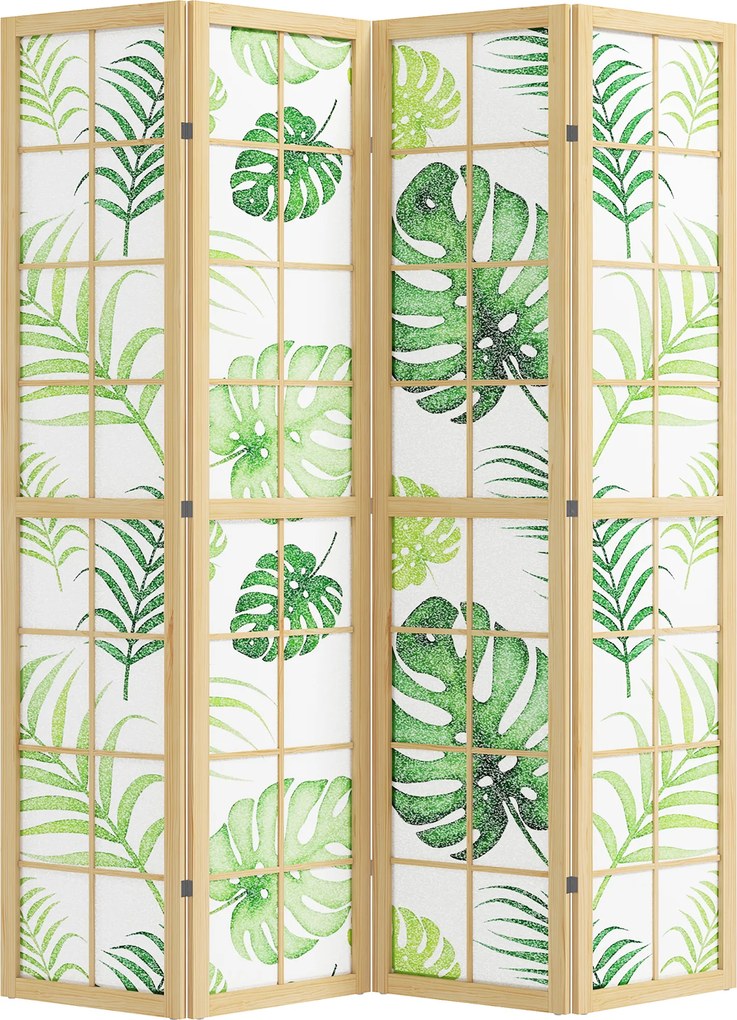 HOMCOM 4-częściowy parawan, składany, design boho, tropikalny motyw, wolnostojący parawan, rama drewniana, zielony | Aosom PL