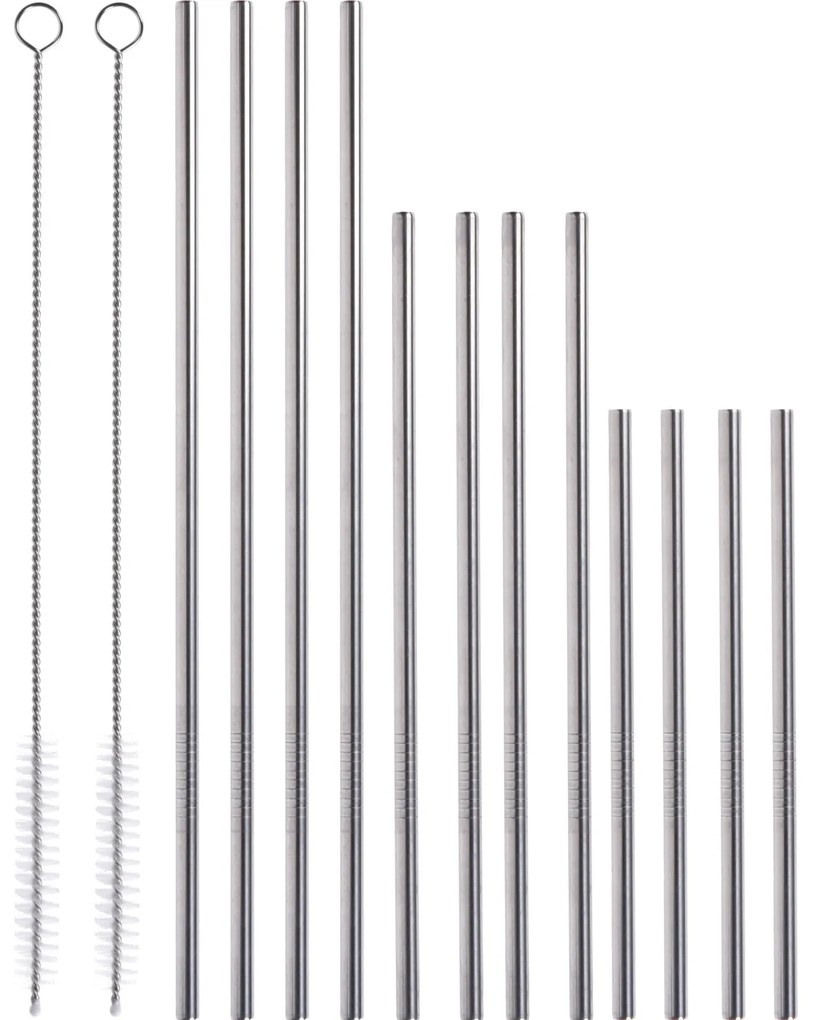 Metalowe słomki, 12 sztuk o różnej długości + 2 czyściki
