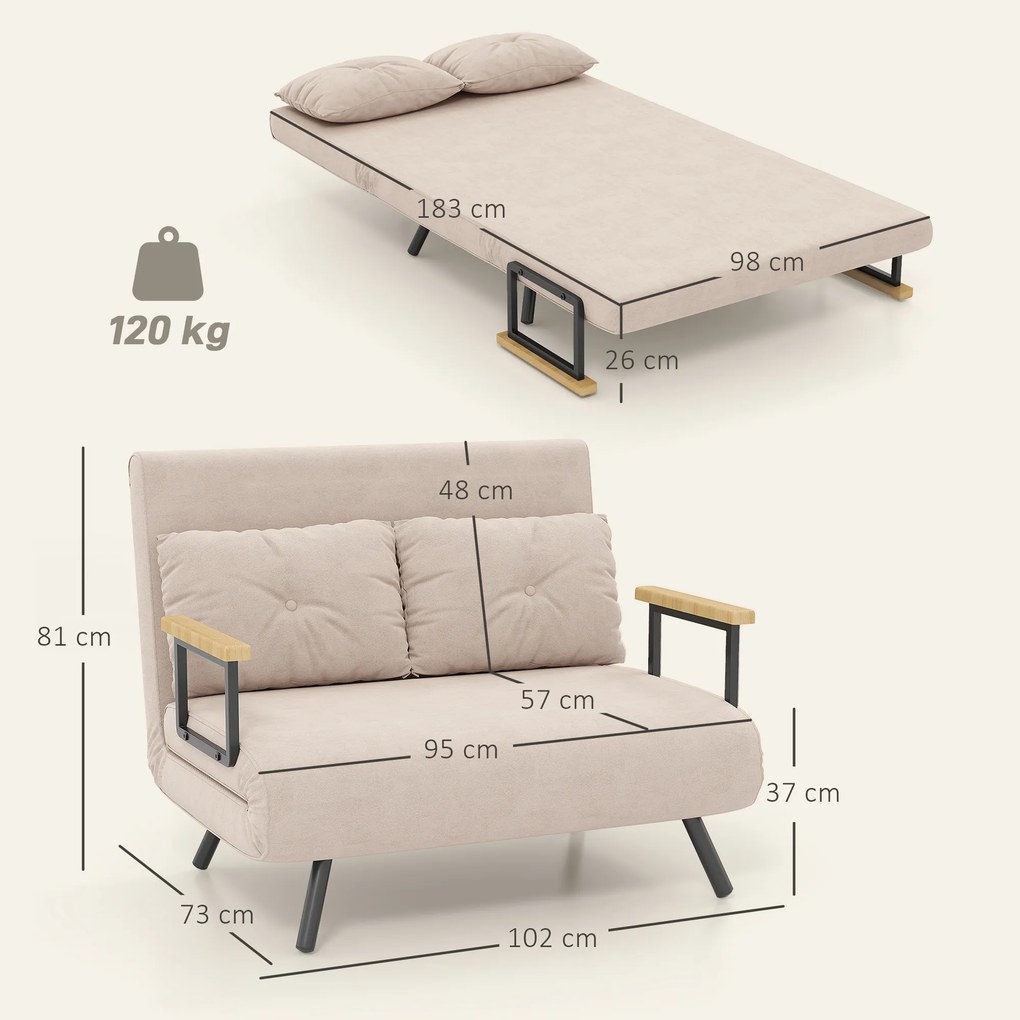 HOMCOM Sofa 2 osobowa z funkcją spania aksamitna z 2 poduszkami w kolorze naturalnym beżowym czarnym | Aosom PL