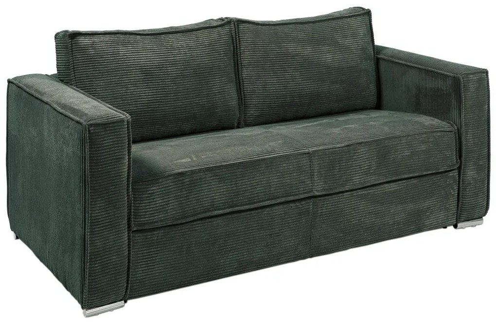 Kanapa 3-osobowa rozkładana typu express ze sztruksu w butelkowej zieleni - Miejsce do spania 140 cm - Materac 22 cm z pamięcią kształtu - LORETO