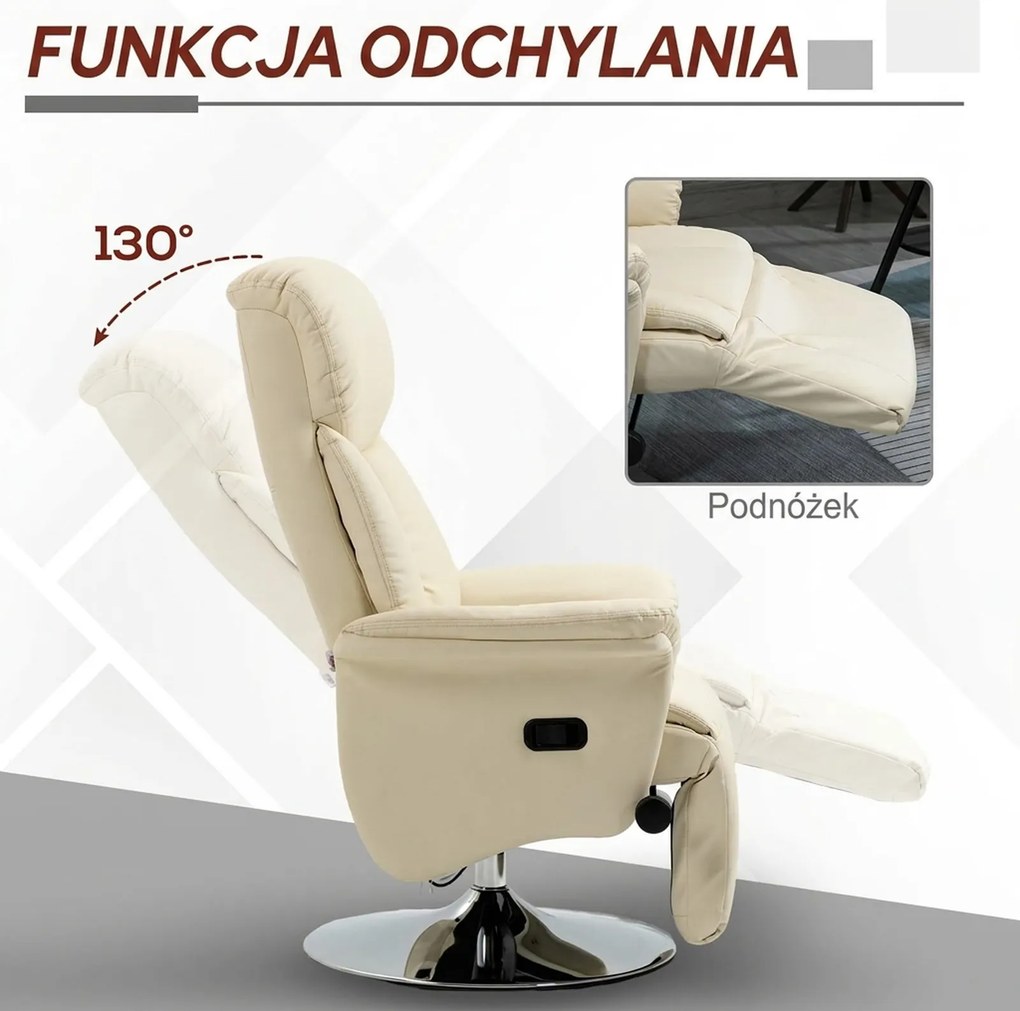 HOMCOM Fotel relaksacyjny, funkcja leżenia, wygląd skóry, podnóżek, do 150 kg, 78 x 80 x 109 cm, Kremowy | Aosom PL