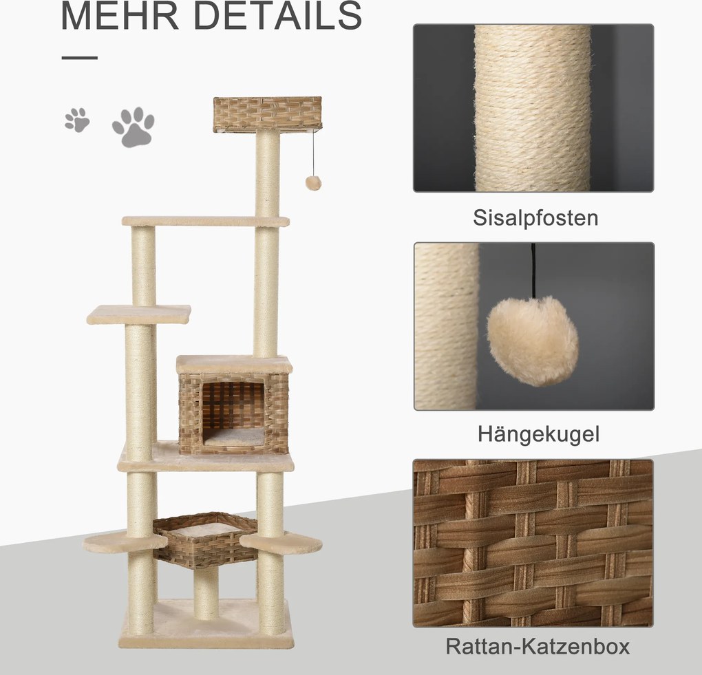 PawHut Drapak do ostrzenia pazurów z jaskinią dla kota Wielopoziomowy rattanowy drapak dla kotów beżowy + brązowy