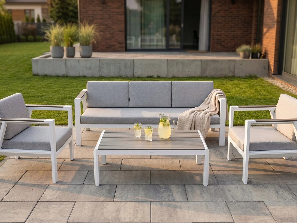 Zestaw mebli ogrodowych biały aluminium sofa fotele stolik drewniane detale