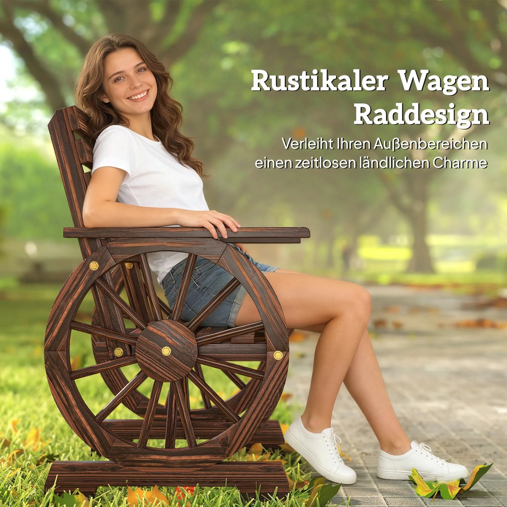 Outsunny Krzesło ogrodowe drewniane fotel ogrodowy w stylu koła wozu, krzesło drewniane w stylu wiejskim Zwęglony | Aosom PL