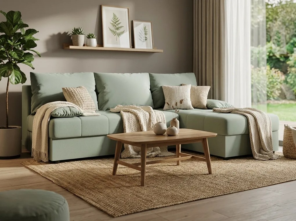 Rozkładana narożna sofa VENORIA SLIM 200x143 cm, jasnozielona, uniwersalna + 2 poduszki GRATIS