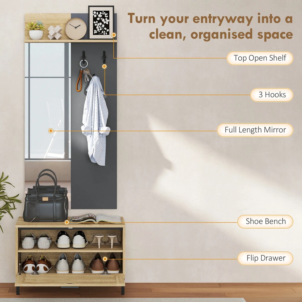 HOMCOM Zestaw garderoby do przedpokoju, ławka na buty, lustro, 3 haczyki, otwarta półka, meble do przedpokoju, drewno naturalne+szary