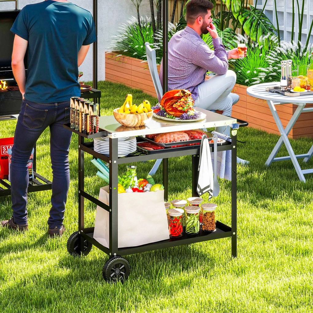 Outsunny Wózek Grillowy 3-Poziomowy z Blatem Roboczym Uchwyty Pokrywa Koła, BBQ Stół Grillowy ze Stali Nierdzewnej 100x52x80cm Czarny