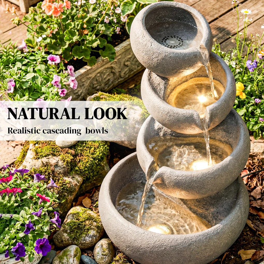Outsunny Fontanna ogrodowa z żywicy, 4-stopniowy wodospad z LED, pompa, design w stylu kamienia, 35 x 32 x 50 cm | Aosom PL
