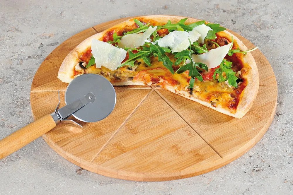 Talerz na pizze z nożykiem, bambusowa tacka na żywność