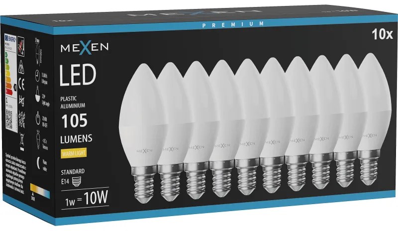 Mexen Nova 10x żarówka LED E14, C37, 1W, Ciepła - 3000K, 105 lm - L102-E14-0130-01x10