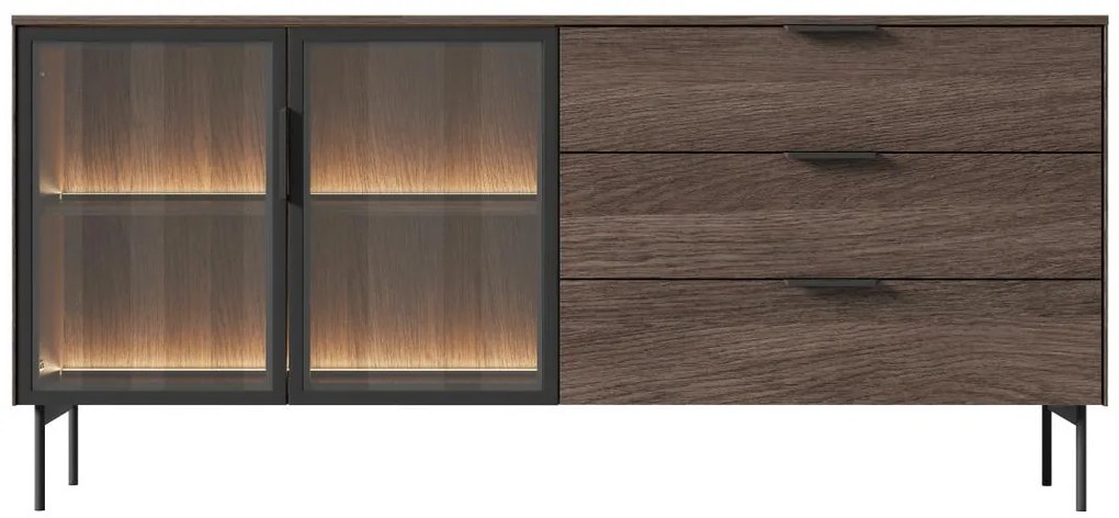 Kredens 2-drzwiowy z 3 szufladami z oświetleniem LED - Naturalny i czarny - FOGLERI