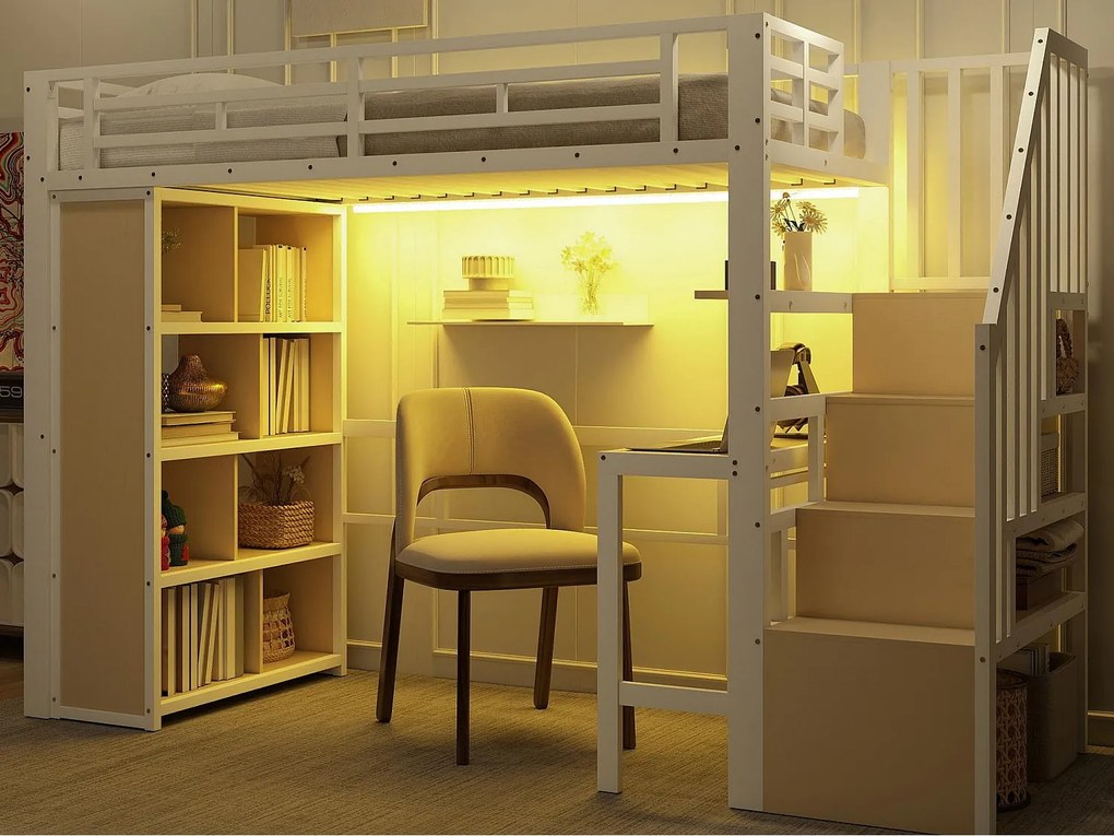 Łóżko na antresoli 90x200 cm - z biurkiem + przegródkami do przechowywania - z taśmą LED - z drabiną - Biały​ (materac nie jest wliczony w cenę)