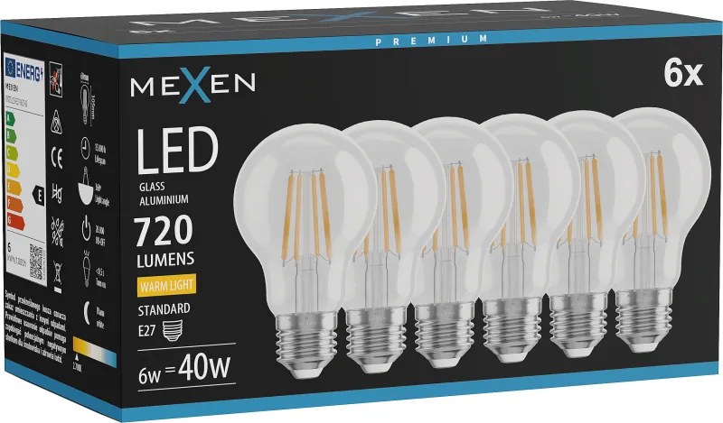 Mexen Vintis 6x żarówka filament LED E27, A60, 6W, Ciepła - 2700K, 720 lm, clear - L150-E27-0627-00x06