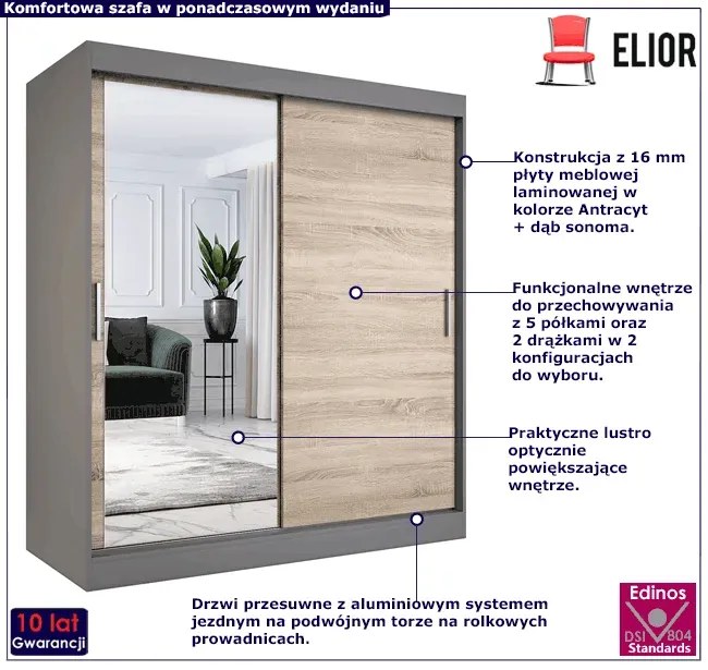 Szafa przesuwna antracyt + dąb sonoma 180 cm - Seko 5X