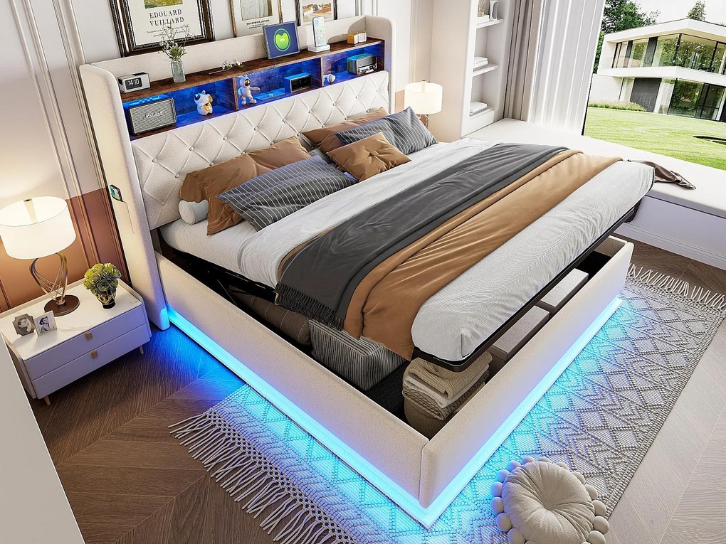 Łóżko z pojemnikiem 180x200 cm z lnu - z LED i gniazdami USB - Beżowe