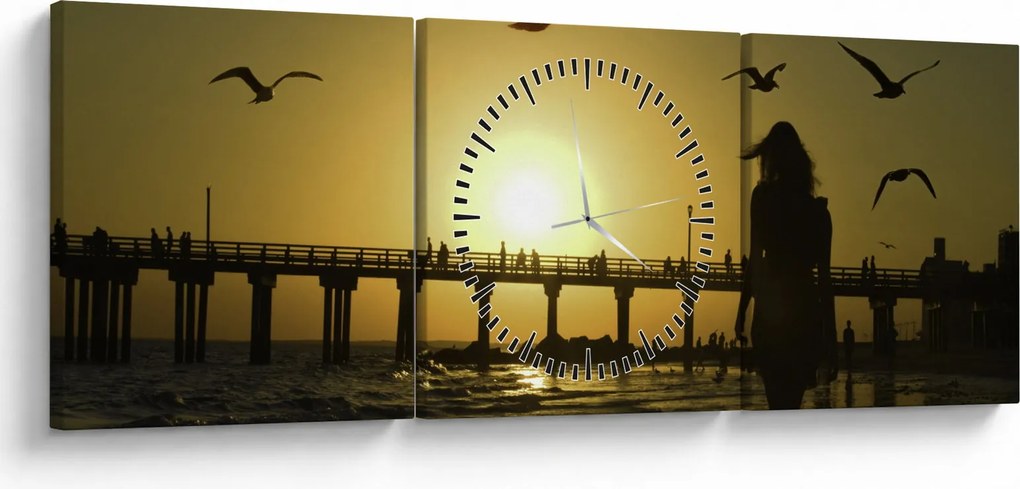 Obraz - Spacer po plaży (z zegarem) (90x30 cm)