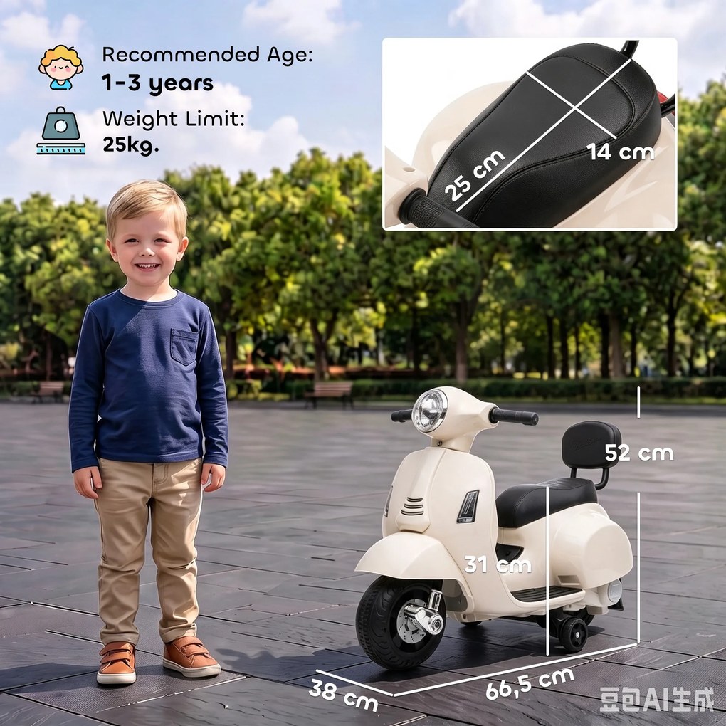 AIYAPLAY Elektryczny motocykl dziecięcy Mini Vespa GTS 6V z akumulatorem litowym Ergonomiczne siedzisko i oparcie 1,5-3 lat | Aosom PL