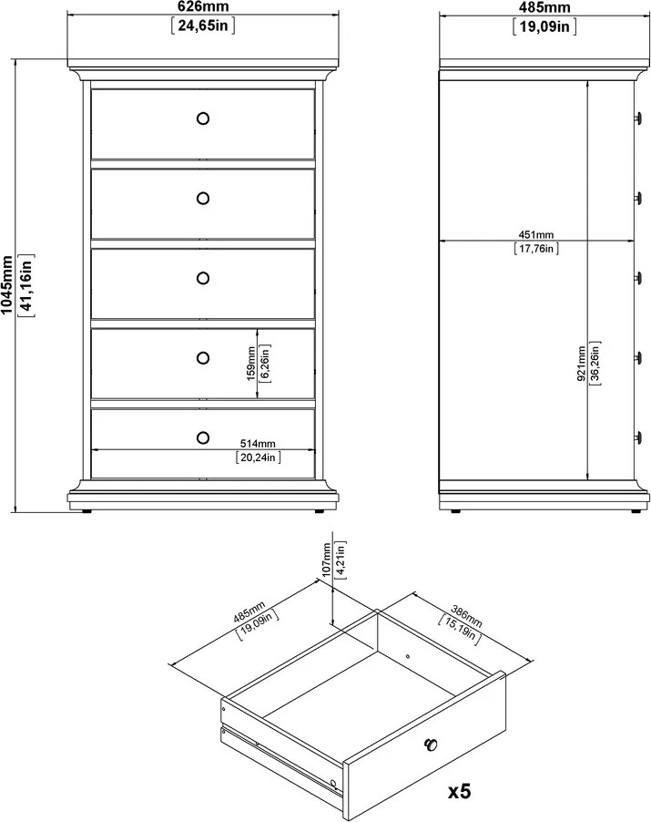 Wąska komoda Paris z 5 szufladami, kolor szary