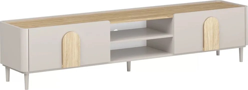 Szafka RTV Amilio 220 cm z szufladą na nóżkach - kaszmir / dąb olejowany / uchwyty dąb jasny