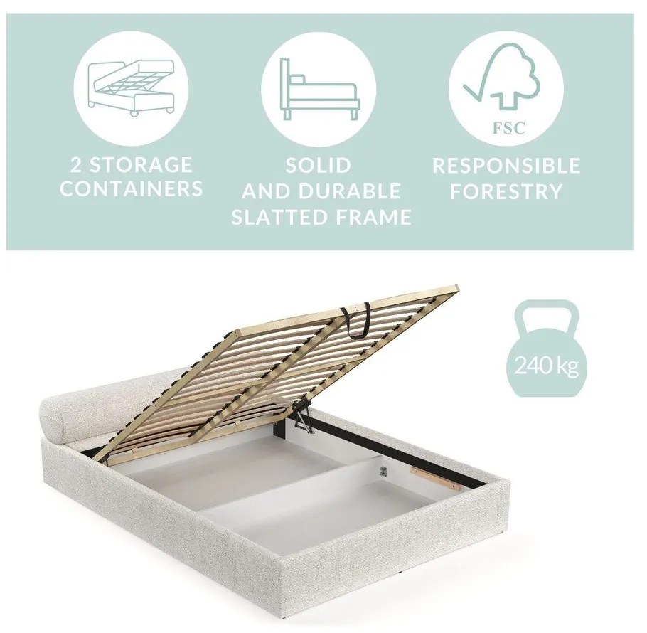 Kremowe tapicerowane łóżko dwuosobowe ze schowkiem i stelażem 140x200 cm Solvo – Maison de Rêve