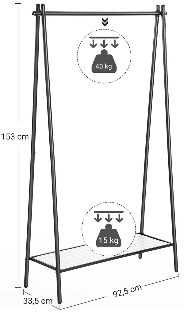 Czarny stalowy stojak na ubrania z półką - Perks
