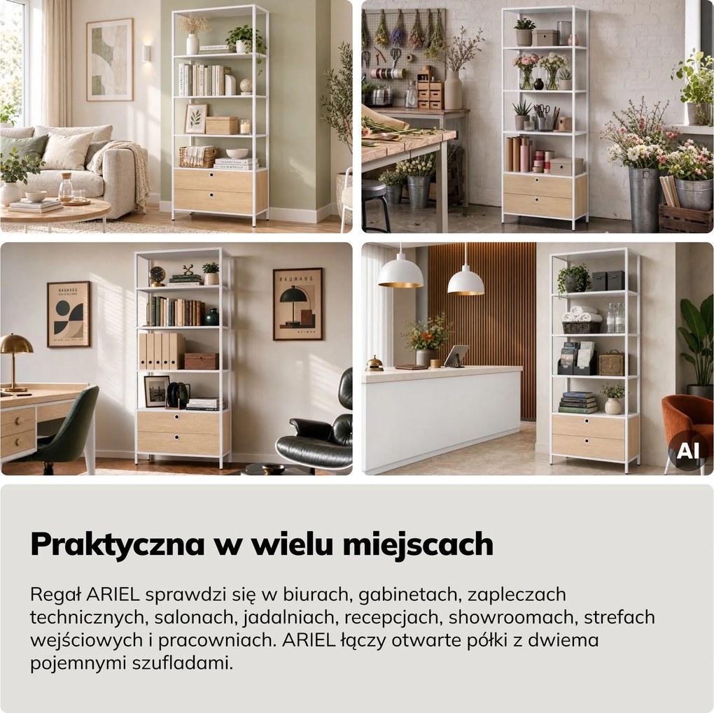 Regał z szufladami do biura, na segregatory i dokumenty, otwarte półki, metalowy, biały/dąb sonoma, 800x2200x400 mm: ARIEL Eco Design
