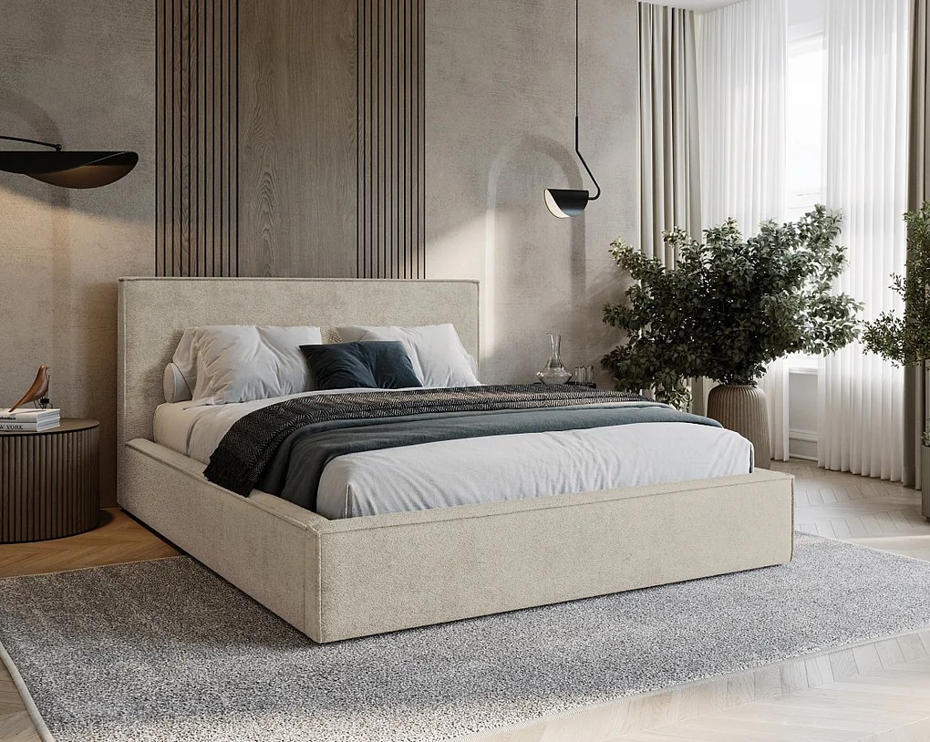 BESILIO Tapicerowane łóżko do sypialni 180x200 Zanzi - stelaż metalowy, pojemnik, ozdobna lamówka, tkanina szenil- Beżowy