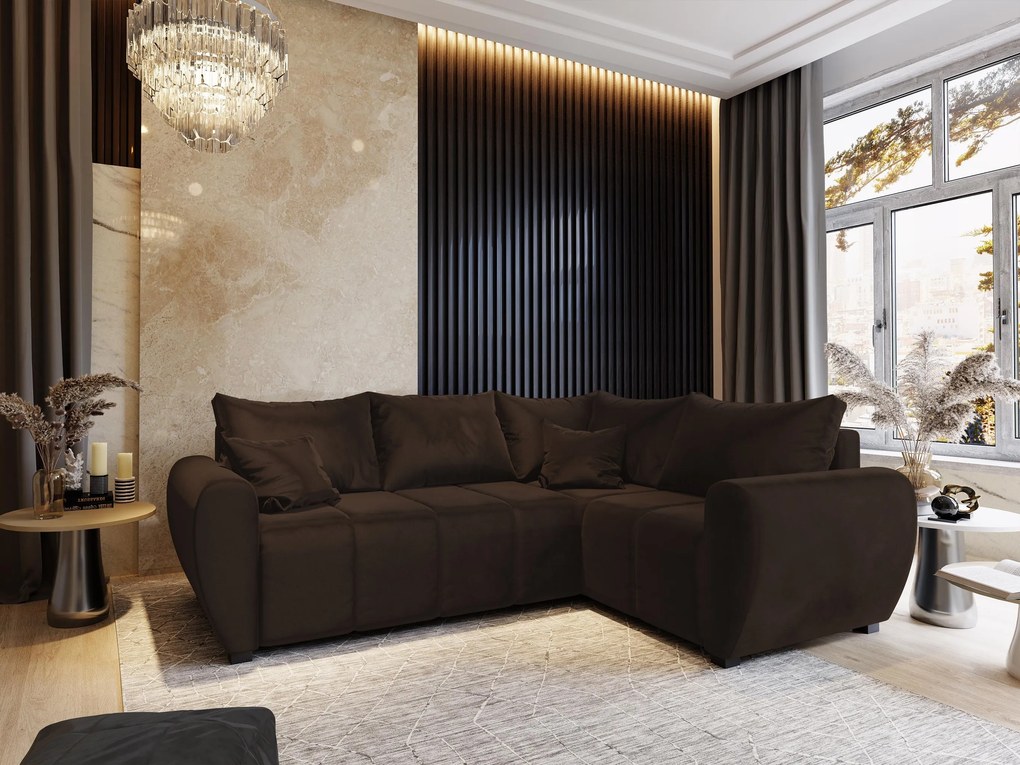 Masseno Narożnik MADISON z funkcją spania i pojemnikiem na pościel Narozniki L, Rozkładana sofa - Brązowy, KRONOS 06