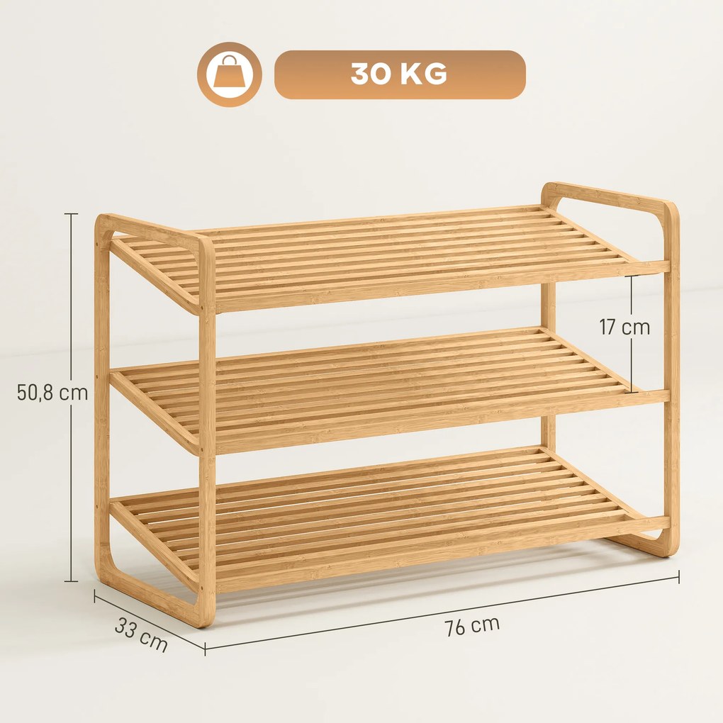 HOMCOM Regal bambusowy, regał na buty, regał do przedpokoju, 3 poziomy, nośność 30 kg, drewno
