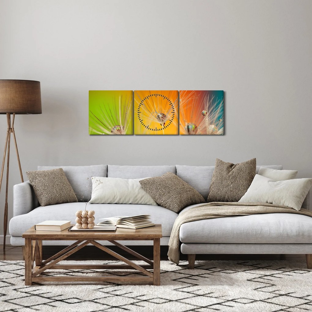 Obraz kropli na roślinie (z zegarem) (90x30 cm)