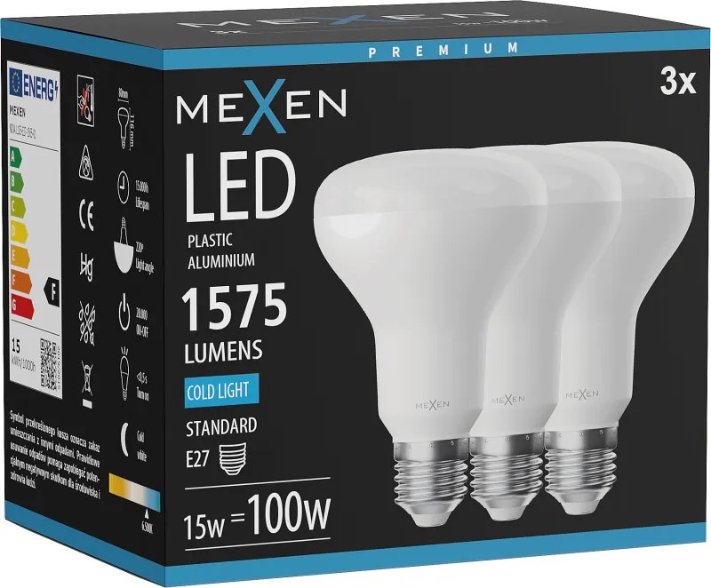 Mexen Nova 3x żarówka LED E27, R80, 15W, Zimna - 6500K, 1575 lm - L105-E27-1565-01x03