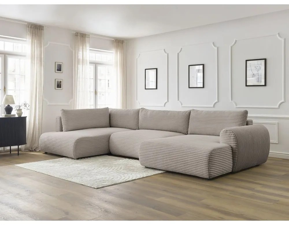 Jasnoszary/beżowy sztruksowy rozkładany/ze schowkiem narożnik (lewostronny/w kształcie litery U) Lucien – Bobochic Paris