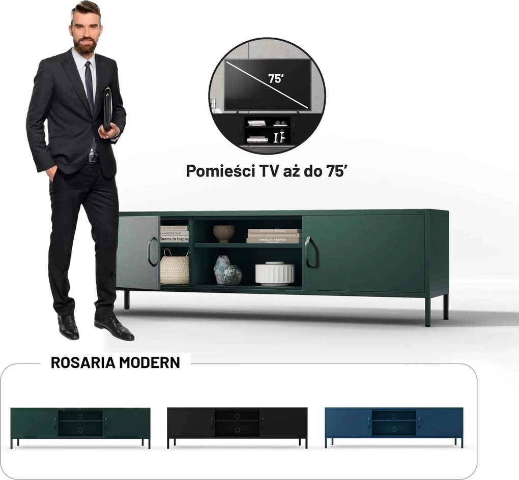 Metalowa szafka RTV Modern Rosaria XL, kolor butelkowa zieleń