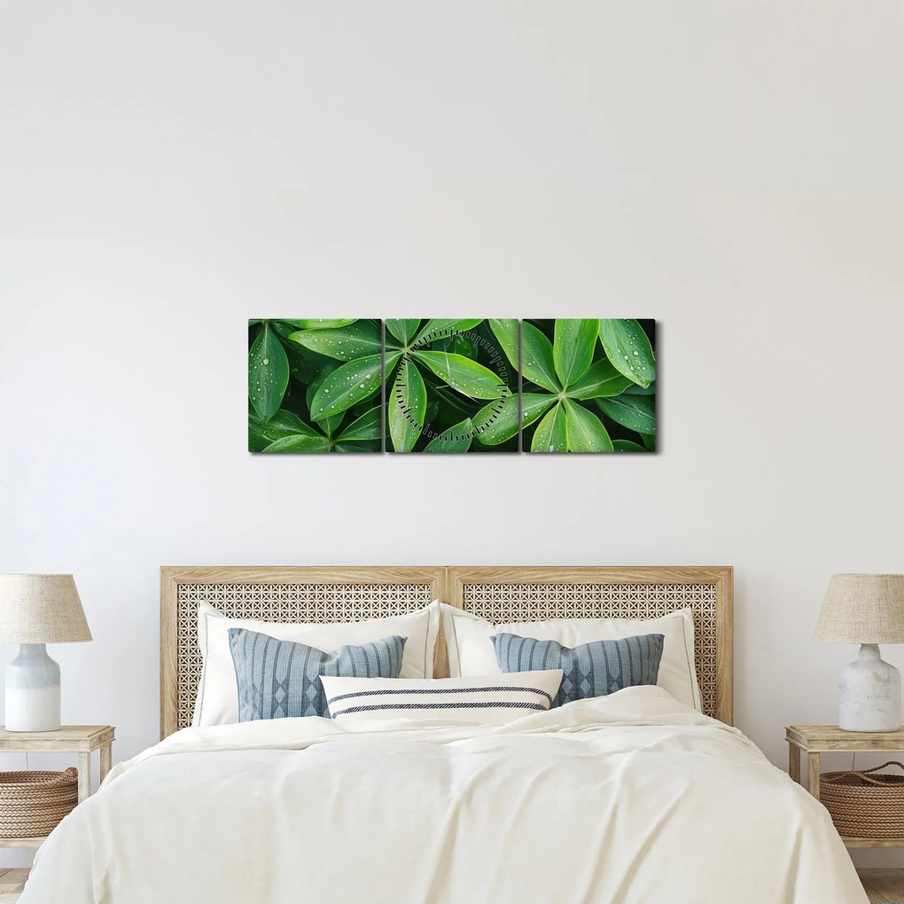Obraz - Liście z kroplami rosy (z zegarem) (90x30 cm)