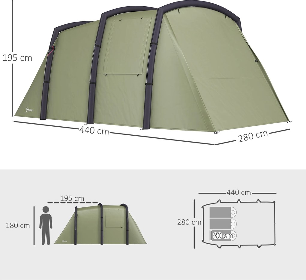 Outsunny Nadmuchiwany Namiot Kempingowy dla 3-6 Osób Tunelowy z Bocznymi Oknami i Drzwiami, Zielony 4,4 x 2,8 x 1,95 m | Aosom PL