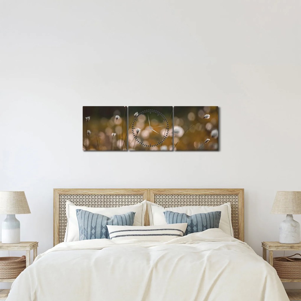 Obraz - Łąka z trawą bawełnianą N⁰2 (z zegarem) (90x30 cm)
