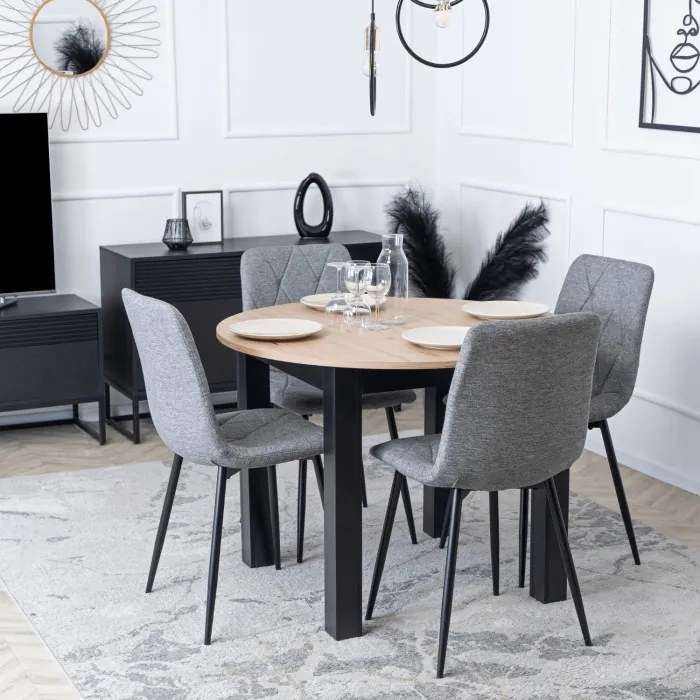 Zestaw Stół Okrągły Rozkładany HARRY 102-142 cm Dąb Artisan/Czarny i 4 Krzesła Tapicerowane ROBIN 2 Szare Nowoczesne