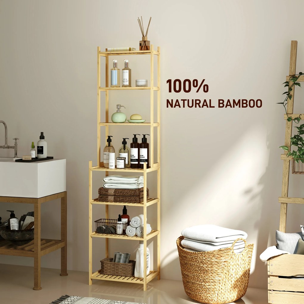 HOMCOM Regał łazienkowy z 7 półkami, Bambusowy, Wodoodporny, Solidny, 180 cm