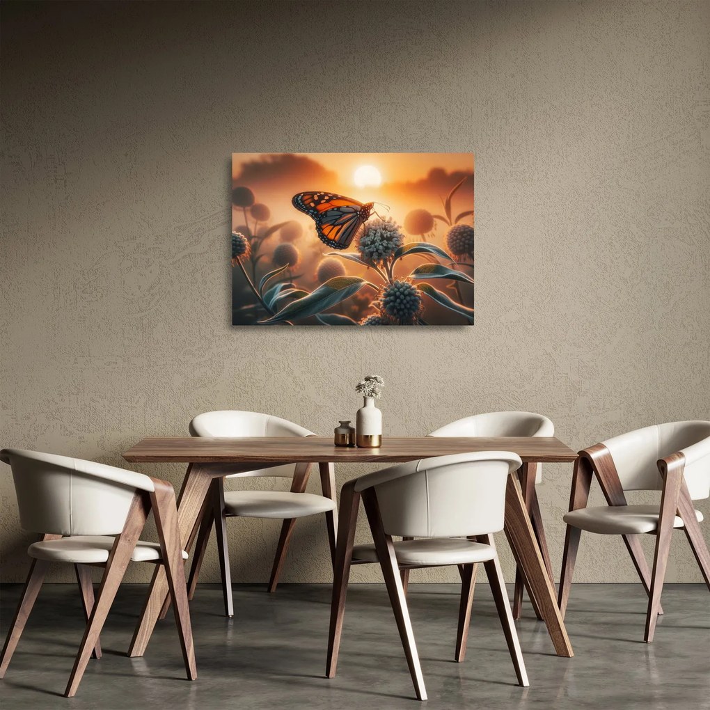 Obraz na szkle – Motyl w zachodzącym słońcu (70x50 cm)