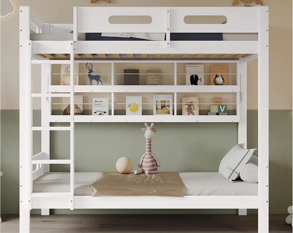 Łóżko piętrowe 90x200 cm - z otwartymi półkami - Drewno lite + MDF - Biały (bez materaca)