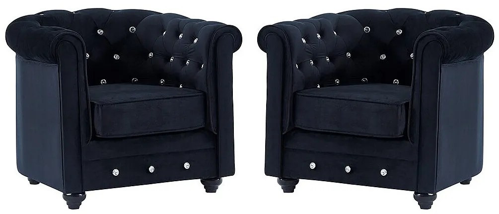 Zestaw 2 foteli CHESTERFIELD – Welur w kolorze czarnym i kryształowe guziki