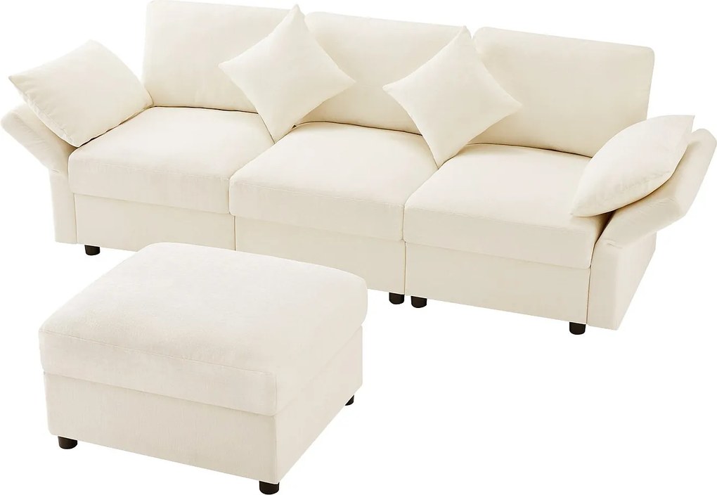 Narożnik w kształcie litery L - 3-osobowy - z podnóżkiem - 4 poduszki - regulowane podłokietniki - Beżowy