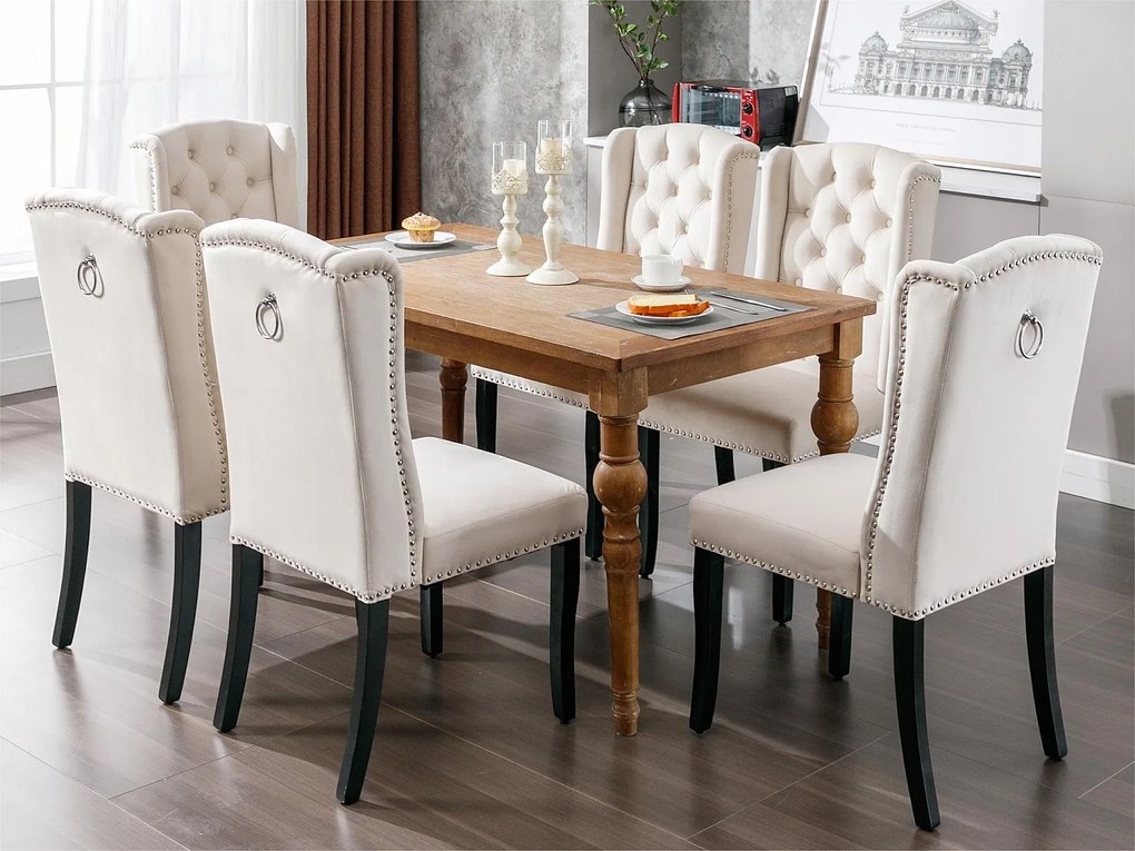 Komplet 4 krzeseł welurowych z nogami dębowymi - zdobionych nitami - beżowy