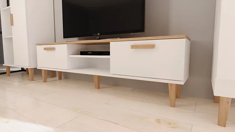 Długa szafka RTV na dębowych nóżkach biały + hikora 160 cm A6-P46