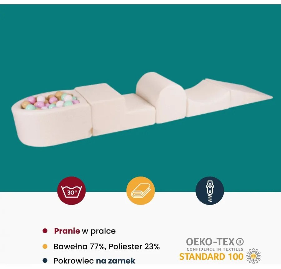 Piankowy zestaw do zabawy z suchym basenem 57x45x30cm/100 piłek 7cm, plac zabaw dla dziecka, 5 elementów, welurowy, ecru-beżowy, piłki: białe, transparentne - meowbaby®