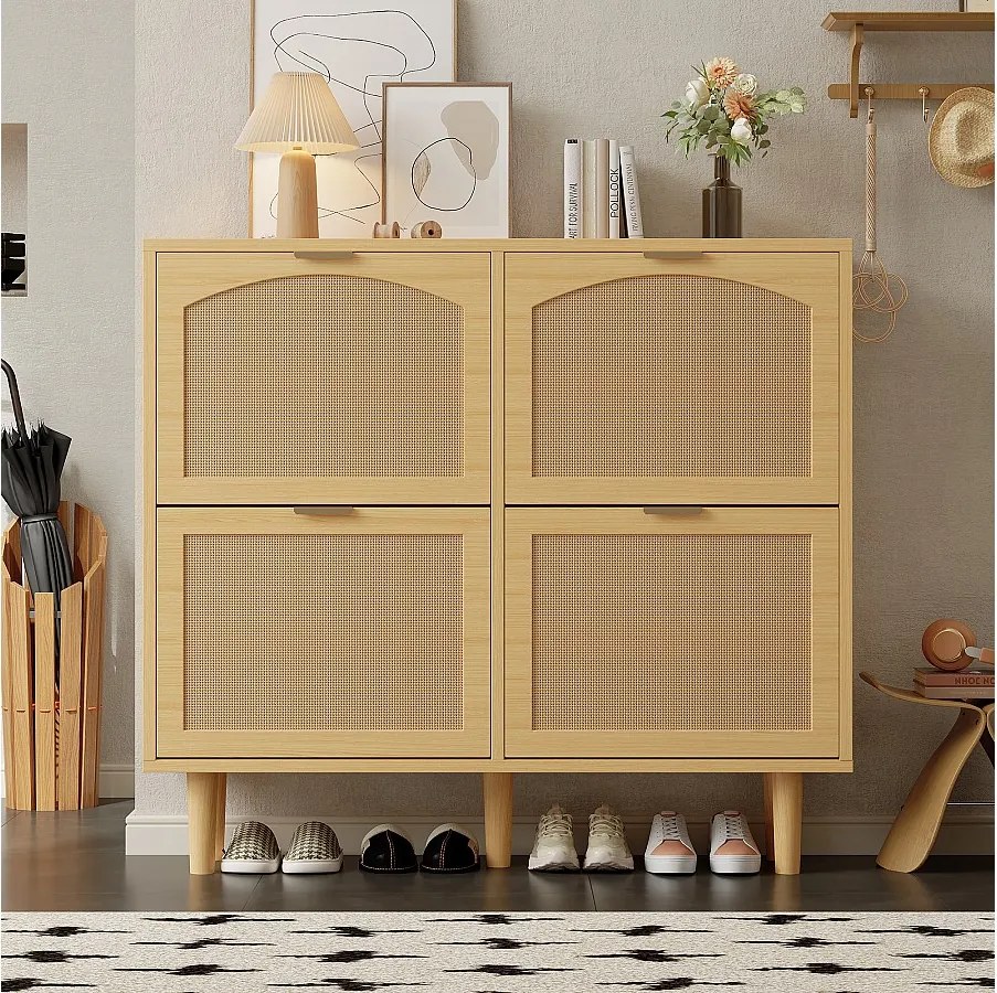 Szafka na buty z rattanu - 100 x 25 x 90,3 cm - z 4 wysuwanymi szufladami - płyta wiórowa - naturalny