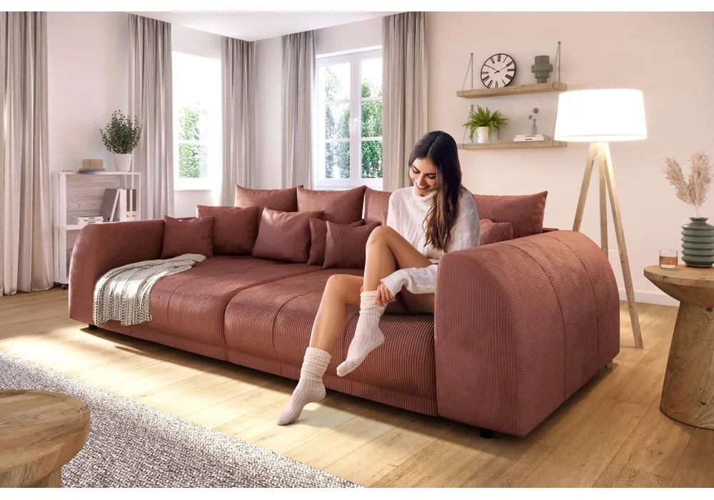 Ceglasta sztruksowa rozkładana sofa 310 cm Vanessa – Ropez
