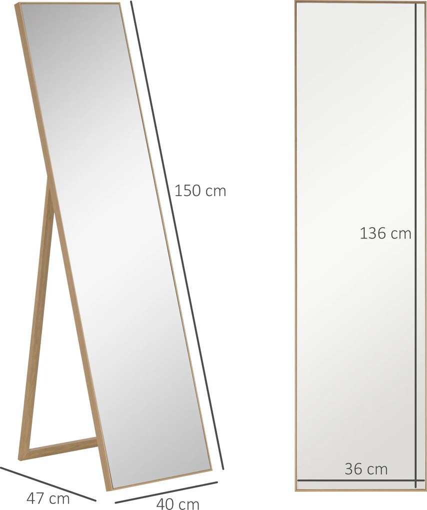 HOMCOM Lusterko Stojące Pełnowymiarowe Srebrne z Jasnobrązową Ramą Eleganckie do Sypialni i Garderoby | Aosom PL